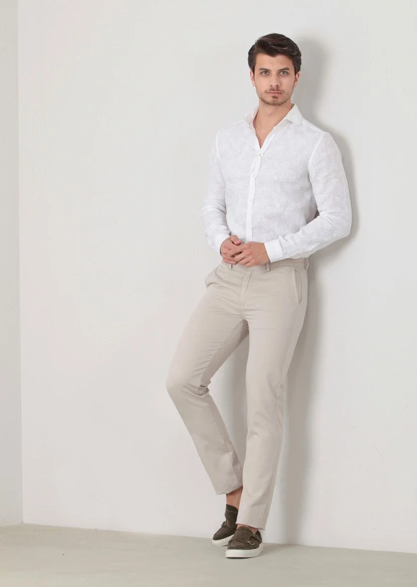 Beige Weaving Regular Fit Casual Cotton Blended Trousers - 1