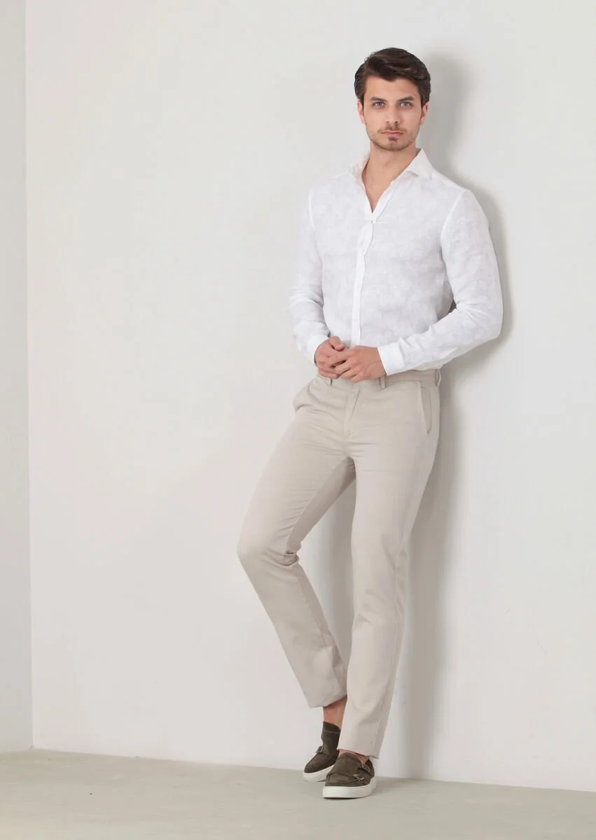Beige Weaving Regular Fit Casual Cotton Blended Trousers - 1