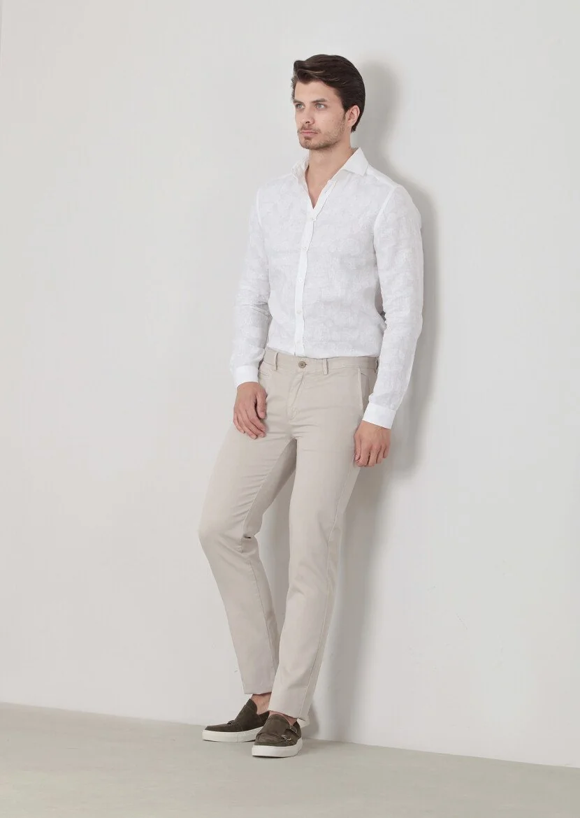 Beige Weaving Regular Fit Casual Cotton Blended Trousers 