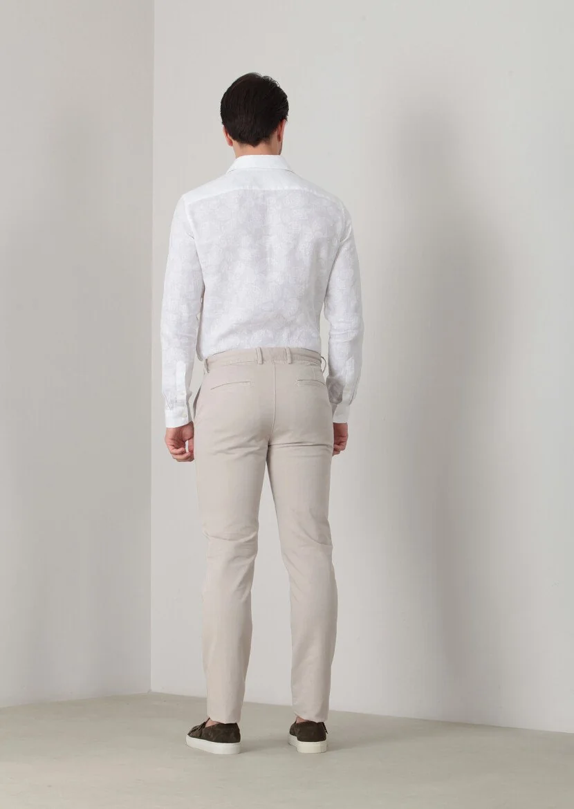 Beige Weaving Regular Fit Casual Cotton Blended Trousers - 4