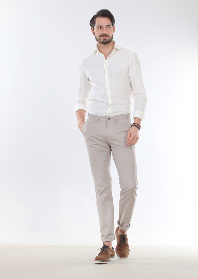Beige Weaving Regular Fit Casual Cotton Blended Trousers - 1