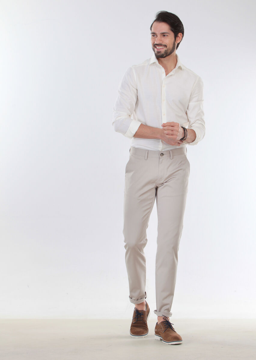 Beige Weaving Regular Fit Casual Cotton Blended Trousers - 3