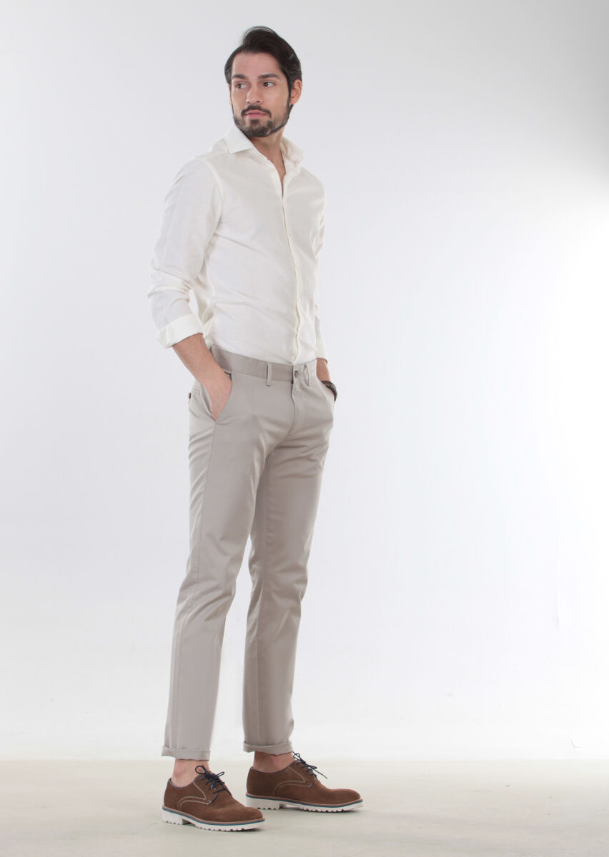 Beige Weaving Regular Fit Casual Cotton Blended Trousers - 4