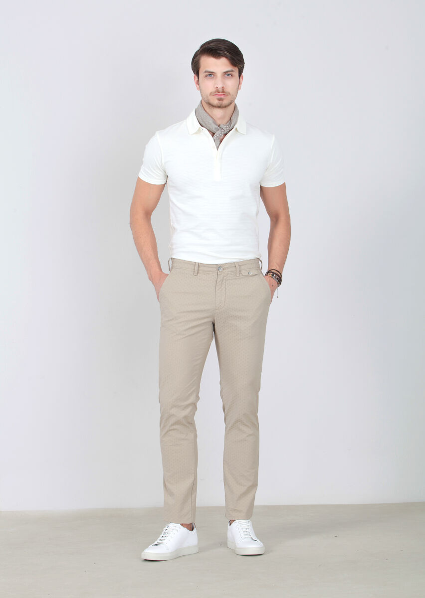Beige Weaving Regular Fit Casual Cotton Blended Trousers - 1