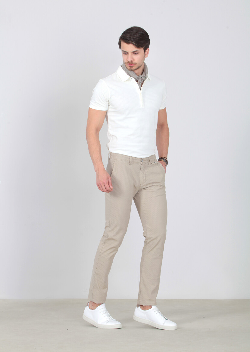 Beige Weaving Regular Fit Casual Cotton Blended Trousers 