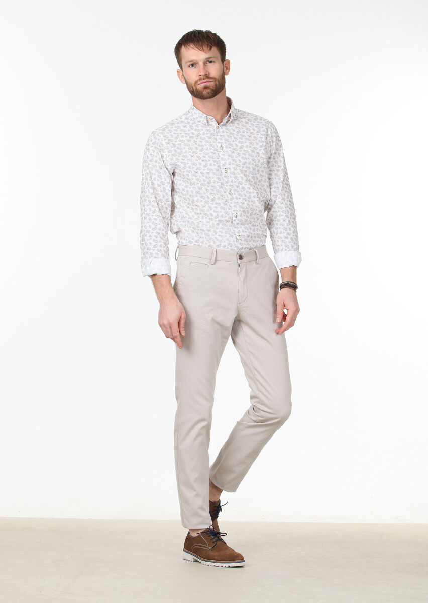 Beige Weaving Regular Fit Casual Cotton Blended Trousers - 1