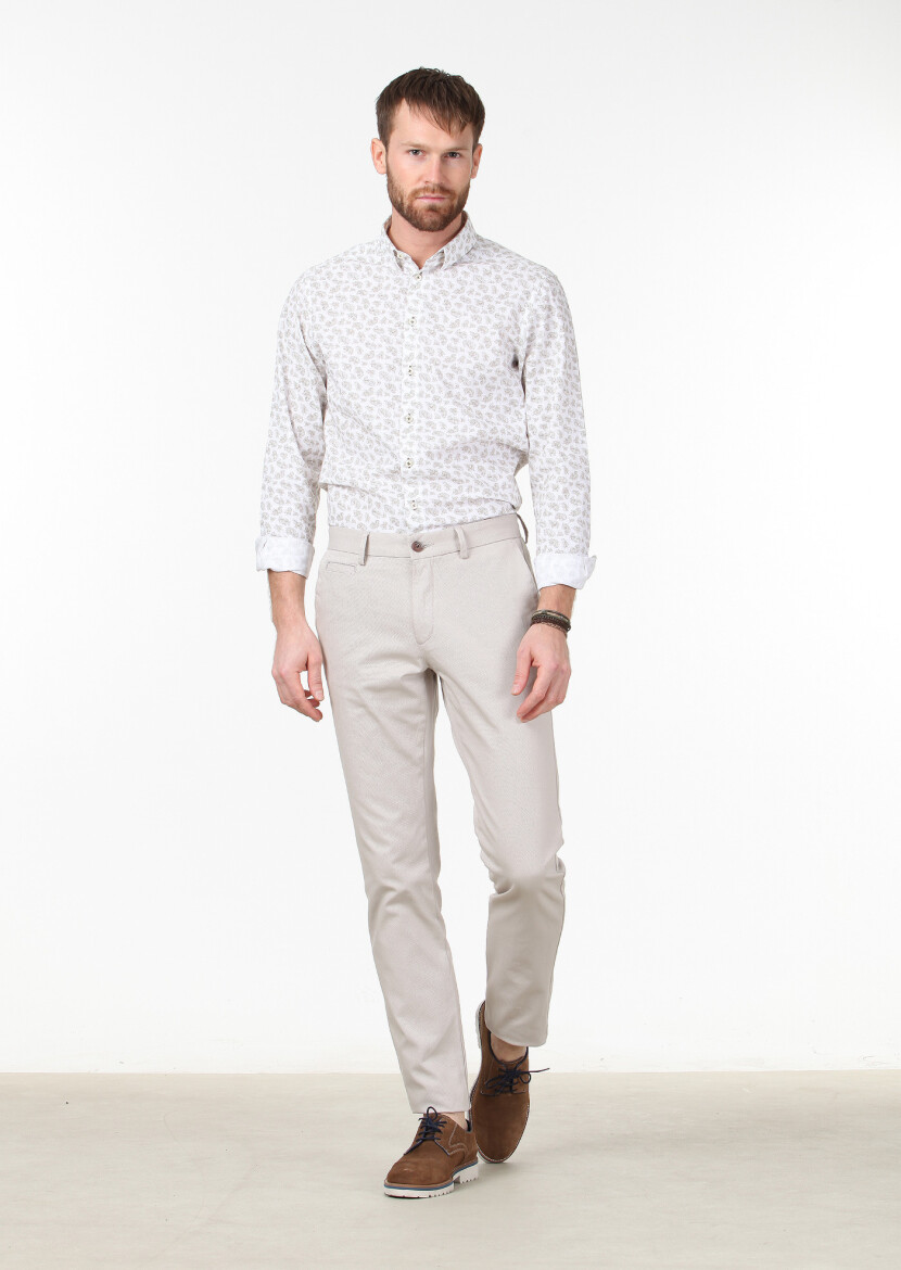 Beige Weaving Regular Fit Casual Cotton Blended Trousers 