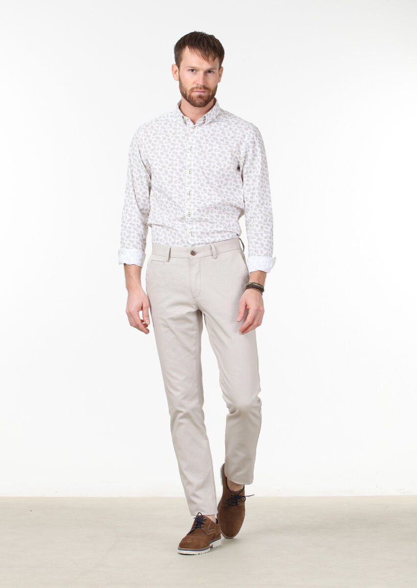 Beige Weaving Regular Fit Casual Cotton Blended Trousers - 2