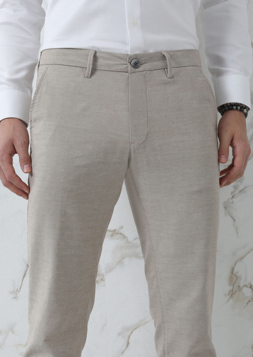 Beige Weaving Regular Fit Casual Cotton Blended Trousers - 1