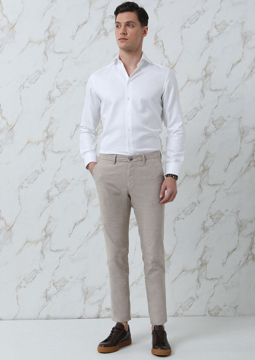 Beige Weaving Regular Fit Casual Cotton Blended Trousers - 2