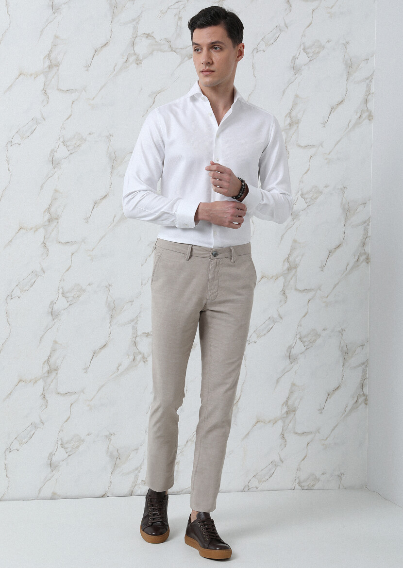Beige Weaving Regular Fit Casual Cotton Blended Trousers - 4