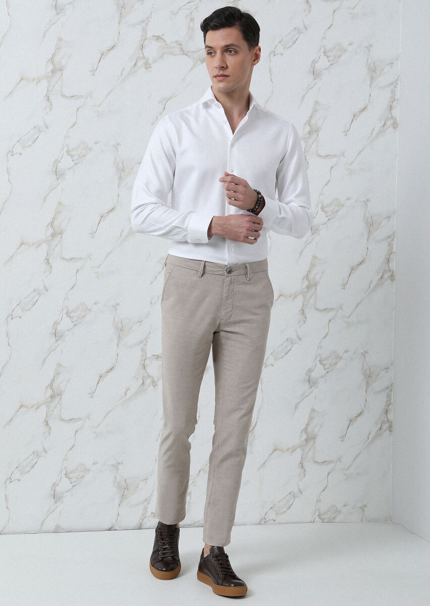 Beige Weaving Regular Fit Casual Cotton Blended Trousers - 4