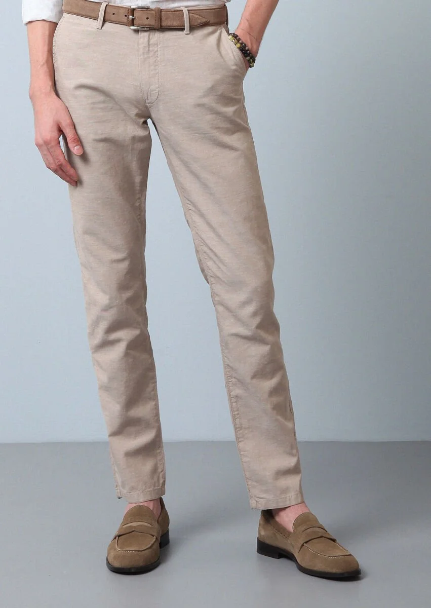 Beige Weaving Regular Fit Casual Cotton Blended Trousers - 1