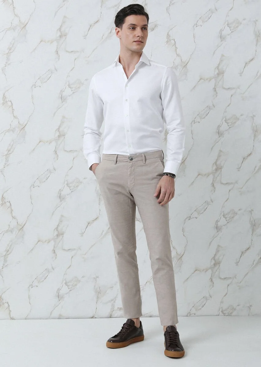 Beige Weaving Regular Fit Casual Cotton Blended Trousers - 3