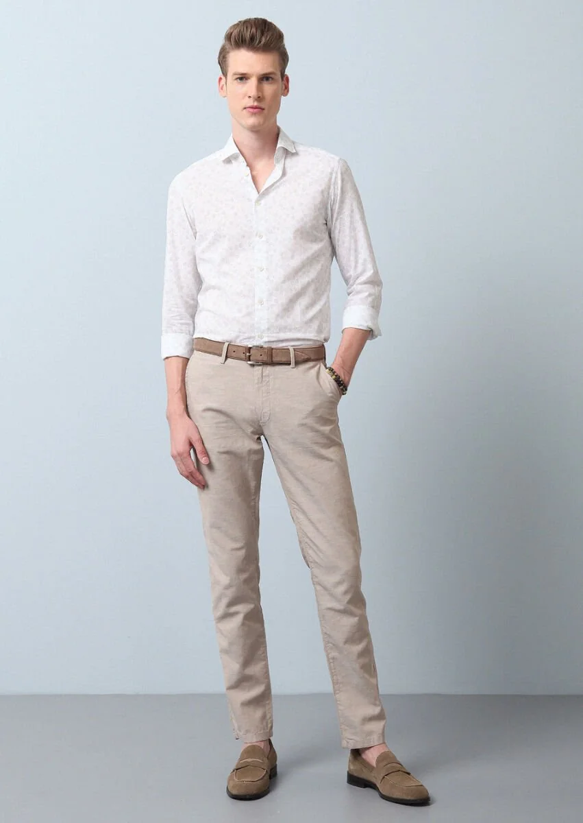 Beige Weaving Regular Fit Casual Cotton Blended Trousers - 4