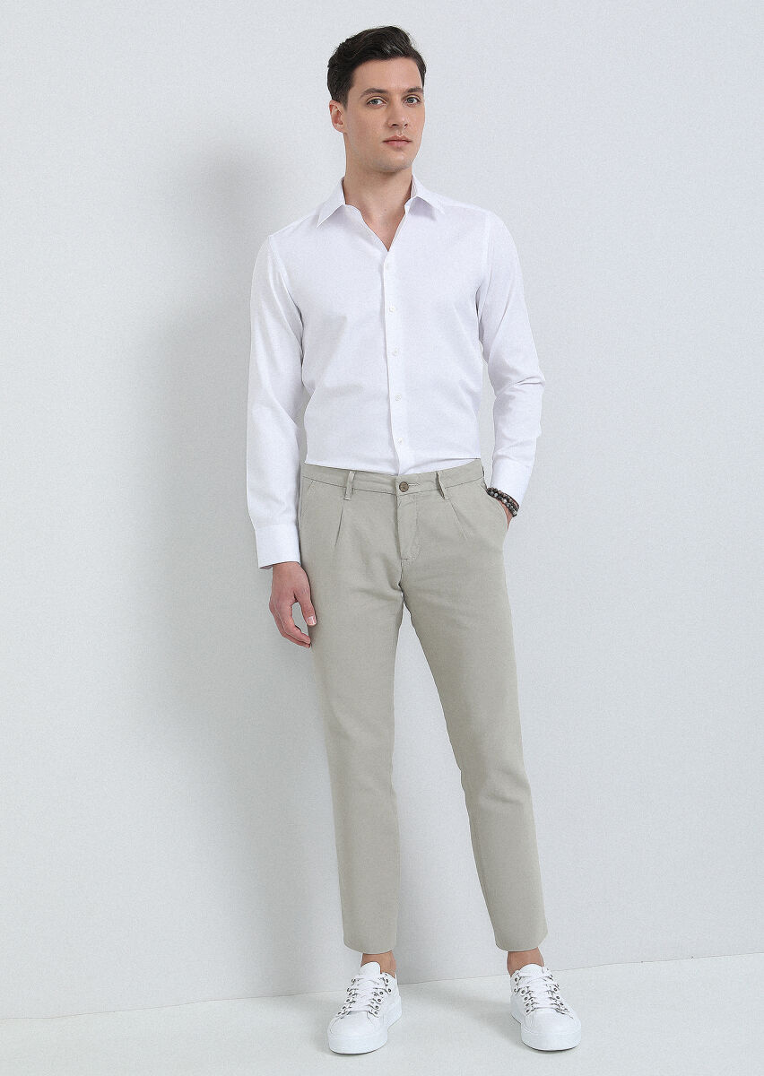 Beige Weaving Regular Fit Casual Cotton Blended Trousers - 1
