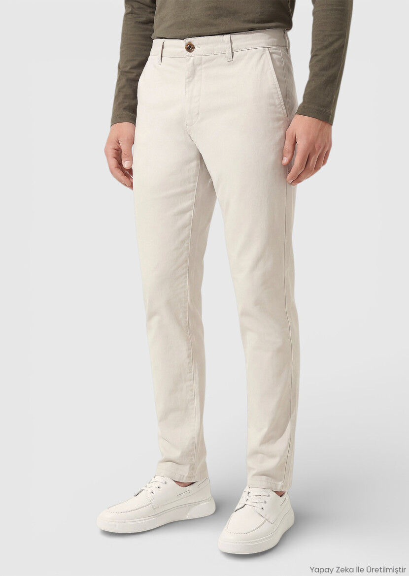 Beige Weaving Regular Fit Casual Cotton Blended Trousers - RAMSEY