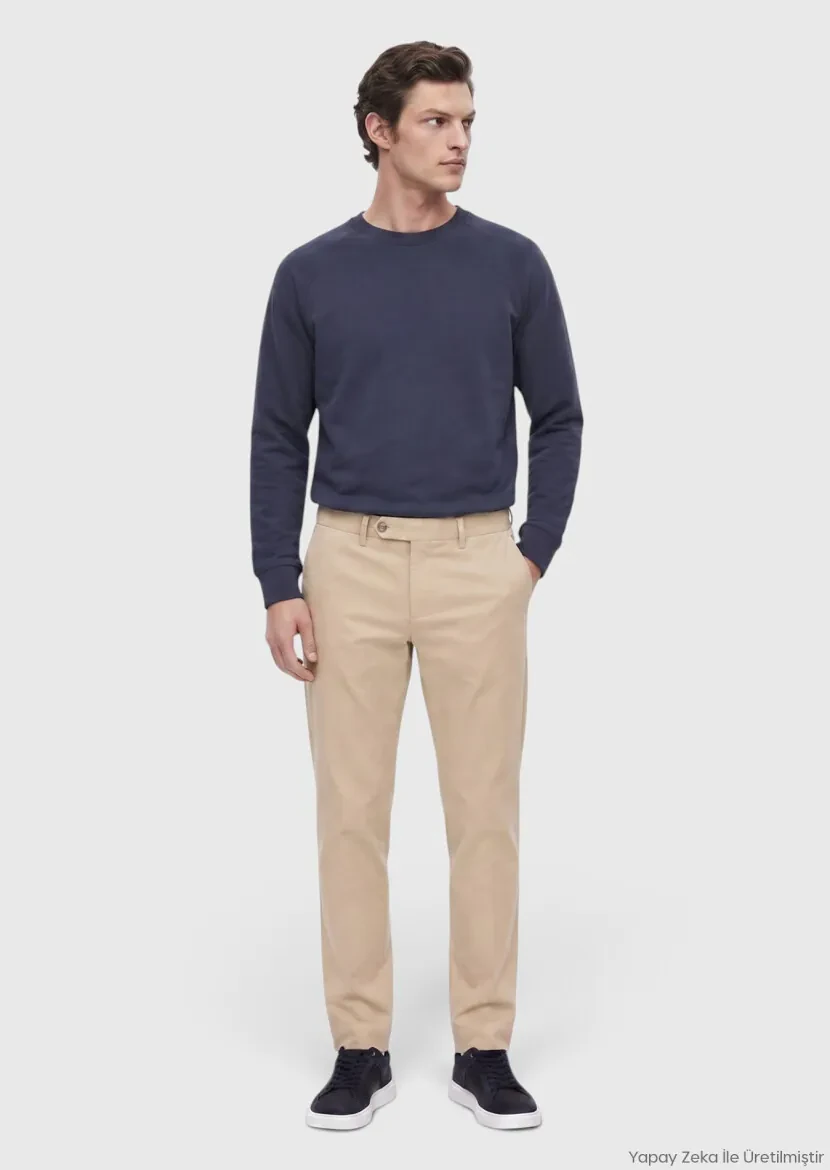 Beige Weaving Regular Fit Casual Cotton Blended Trousers - RAMSEY