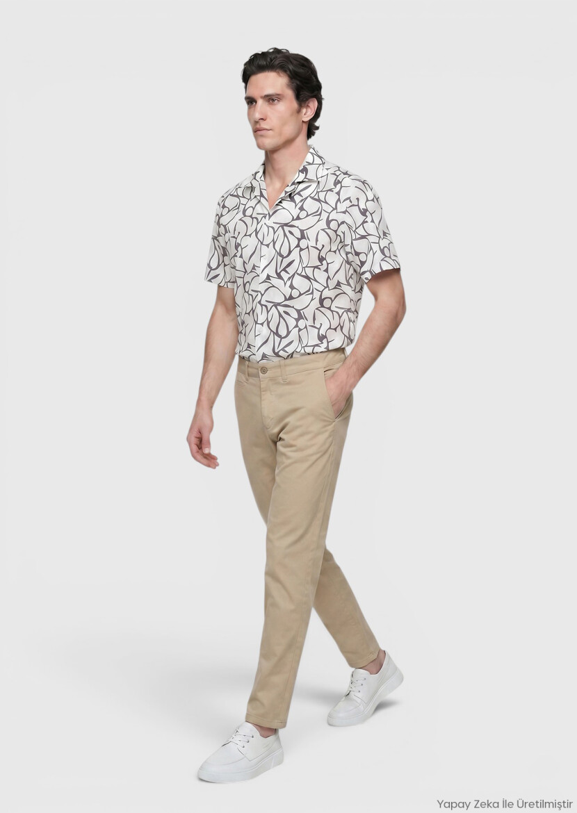 Beige Weaving Regular Fit Casual Cotton Blended Trousers - RAMSEY