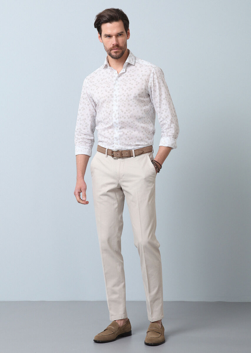 Beige Weaving Regular Fit Smart Casual Cotton Blended Trousers - 1
