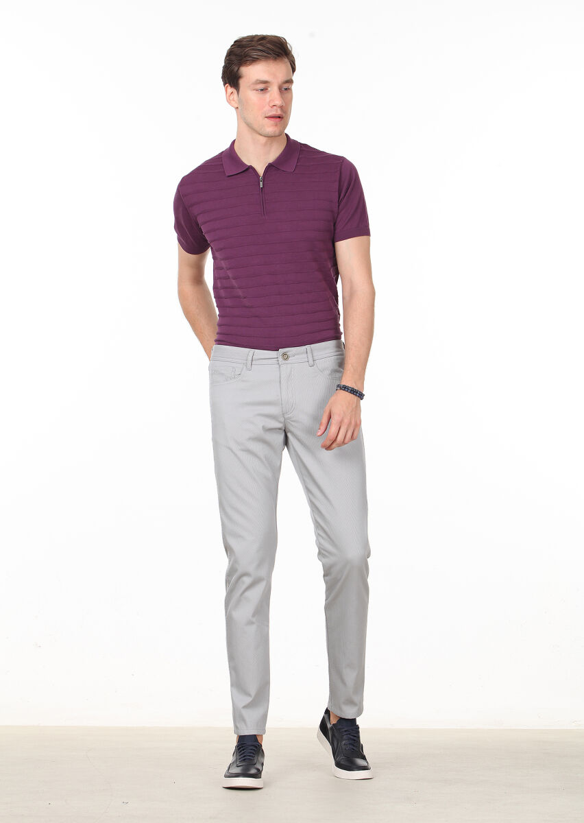 Beige Weaving Slim Fit Casual 100% Cotton Trousers - 1