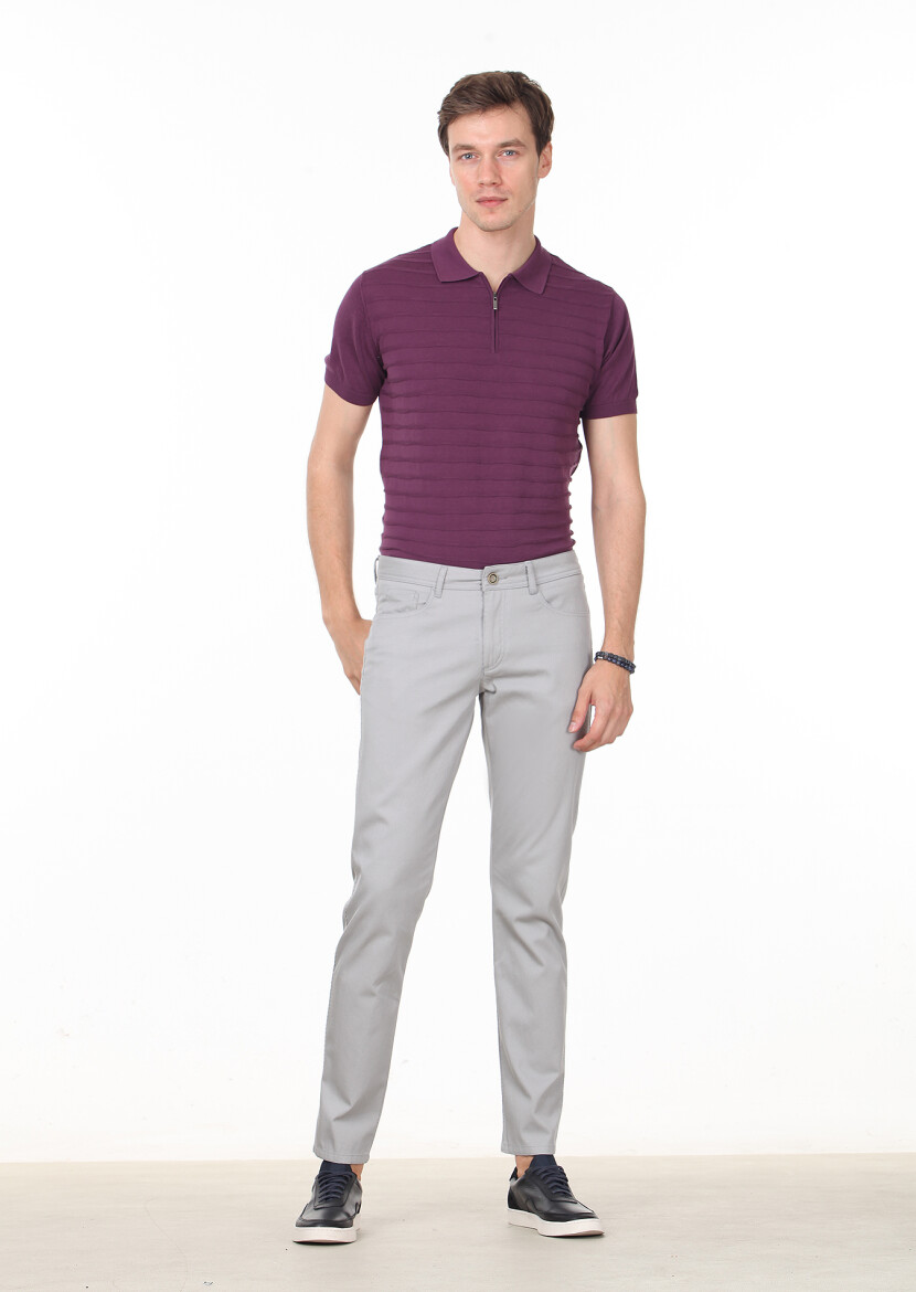 Beige Weaving Slim Fit Casual 100% Cotton Trousers - 2