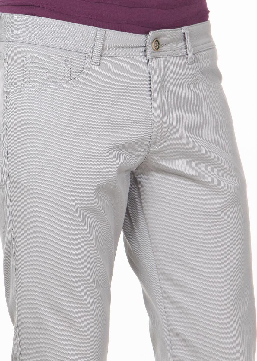 Beige Weaving Slim Fit Casual 100% Cotton Trousers - 3