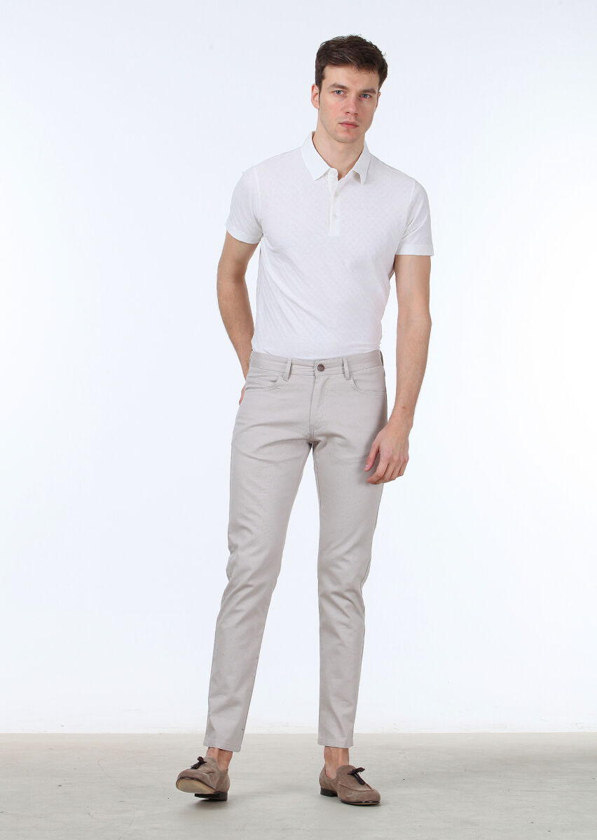 Beige Weaving Slim Fit Casual Cotton Blended Trousers - 2