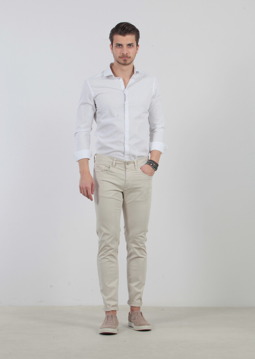 Beige Weaving Slim Fit Casual Cotton Blended Trousers - 1