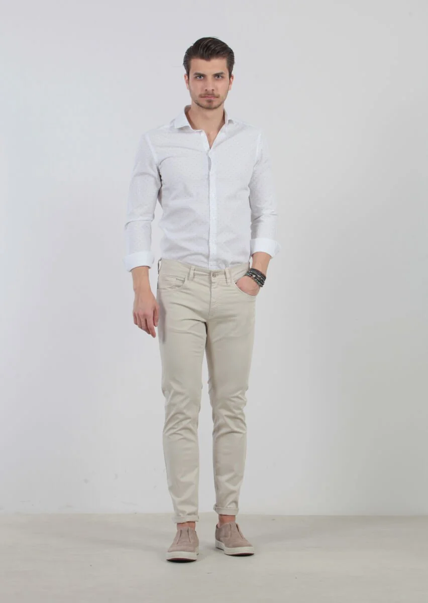 Beige Weaving Slim Fit Casual Cotton Blended Trousers - 1