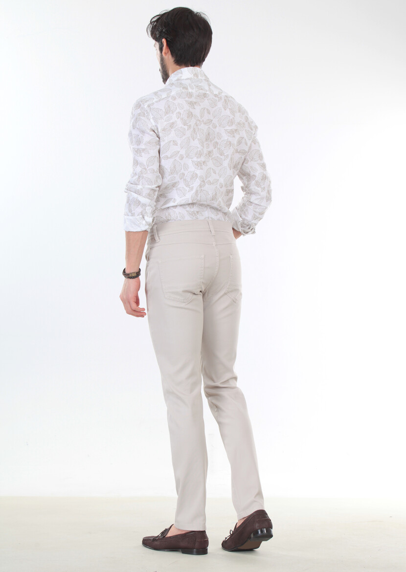 Beige Weaving Slim Fit Casual Cotton Blended Trousers 