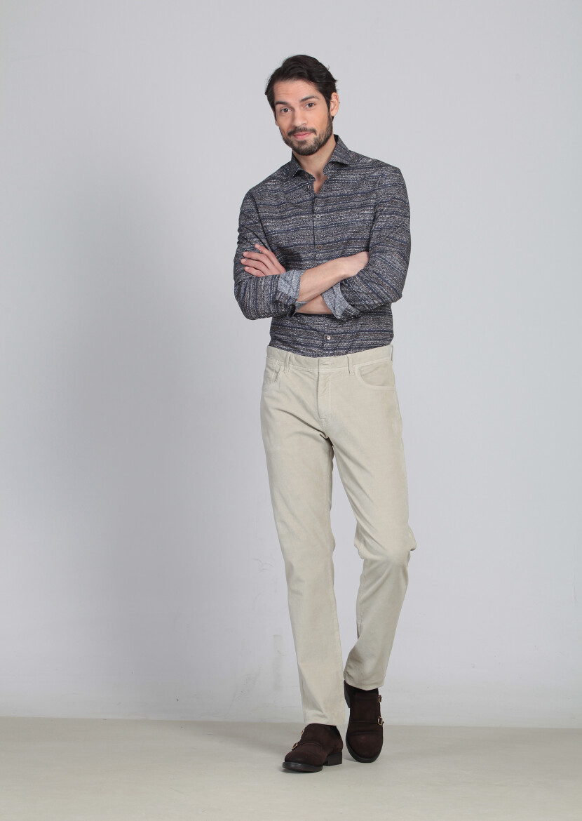 Beige Weaving Slim Fit Casual Cotton Blended Trousers - 1