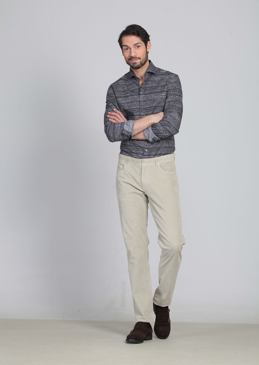 Beige Weaving Slim Fit Casual Cotton Blended Trousers - 1