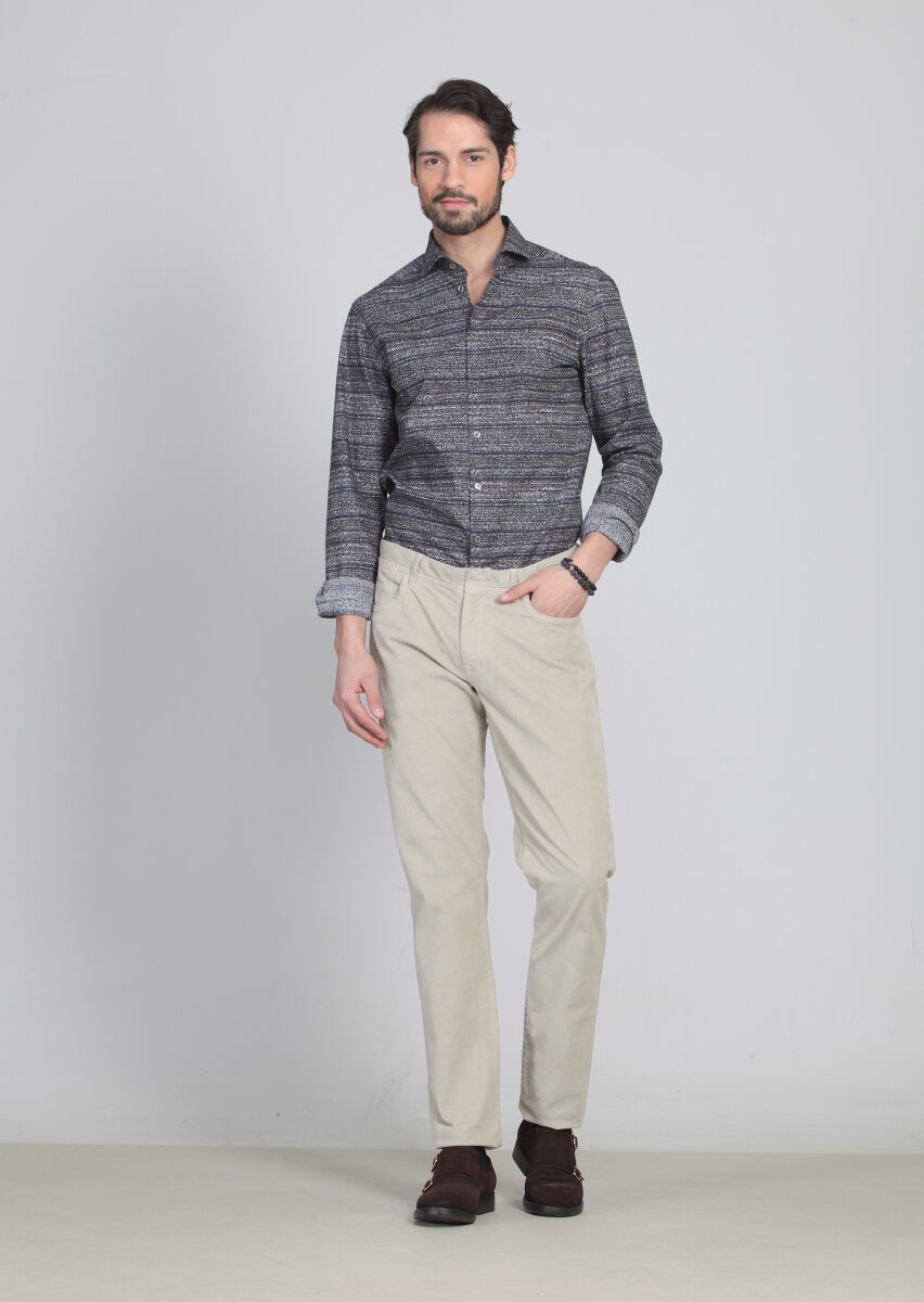 Beige Weaving Slim Fit Casual Cotton Blended Trousers - 2