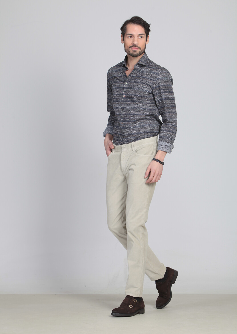 Beige Weaving Slim Fit Casual Cotton Blended Trousers - 3