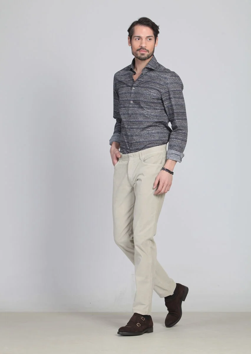Beige Weaving Slim Fit Casual Cotton Blended Trousers - 3