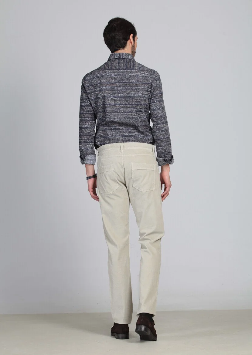 Beige Weaving Slim Fit Casual Cotton Blended Trousers - 5