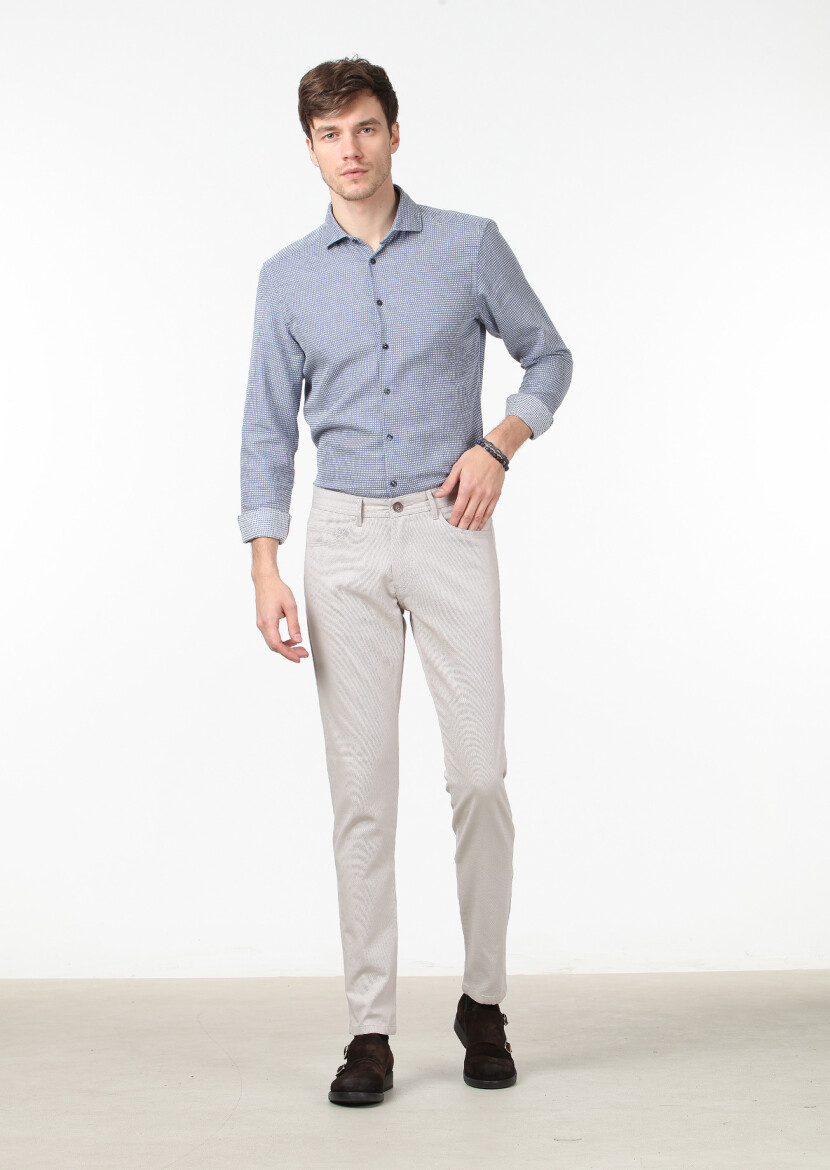 Beige Weaving Slim Fit Casual Cotton Blended Trousers 