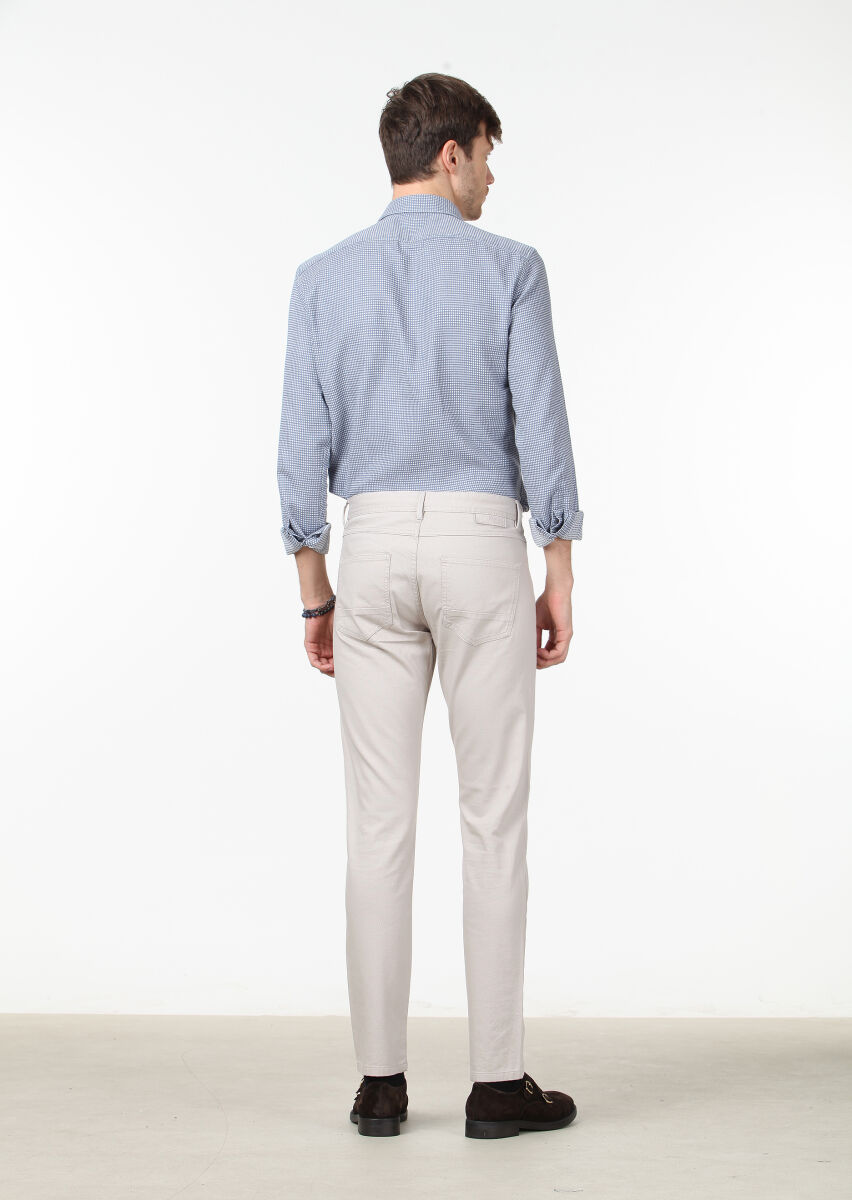 Beige Weaving Slim Fit Casual Cotton Blended Trousers - 4