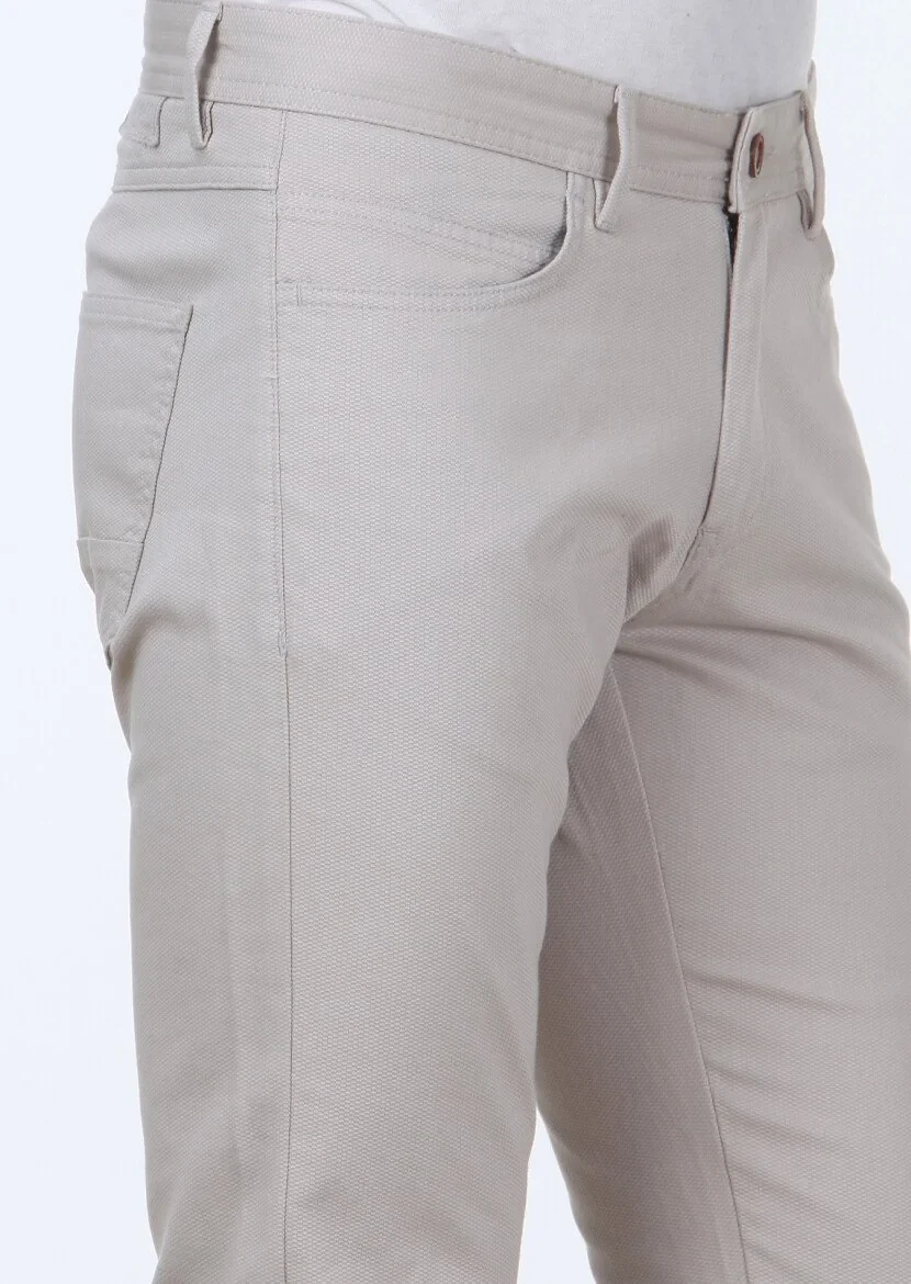 Beige Weaving Slim Fit Casual Cotton Blended Trousers - 3