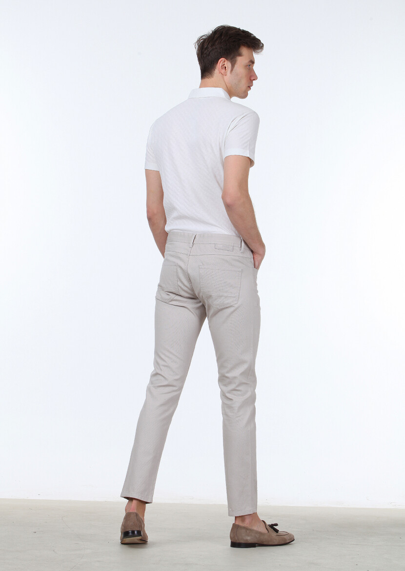 Beige Weaving Slim Fit Casual Cotton Blended Trousers - 4