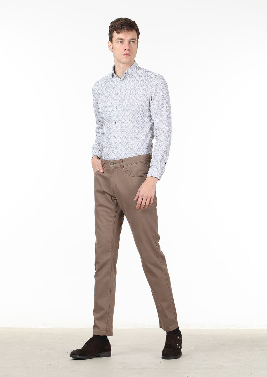 Beige Weaving Slim Fit Casual Cotton Blended Trousers - 1