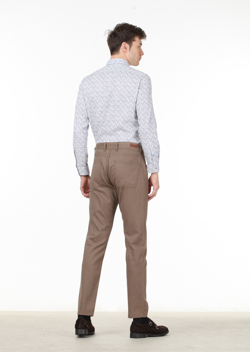 Beige Weaving Slim Fit Casual Cotton Blended Trousers - 4