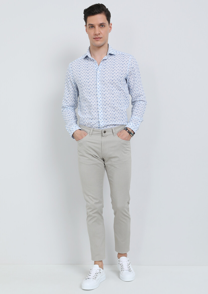 Beige Weaving Slim Fit Casual Cotton Blended Trousers - 1