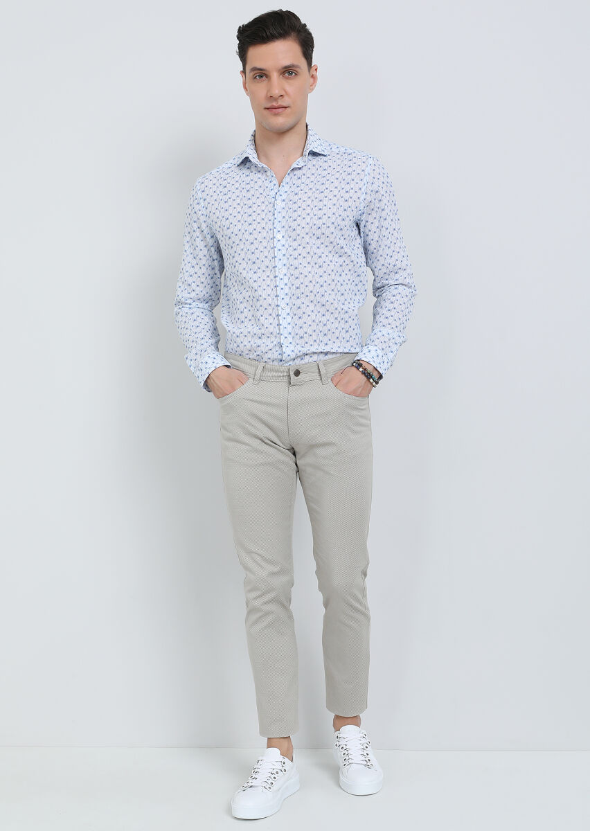 Beige Weaving Slim Fit Casual Cotton Blended Trousers - 1