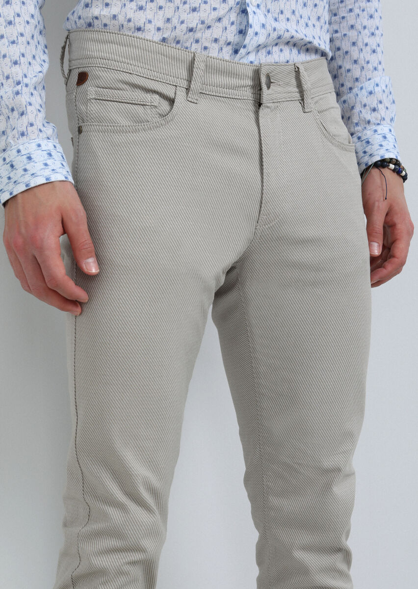 Beige Weaving Slim Fit Casual Cotton Blended Trousers - 3