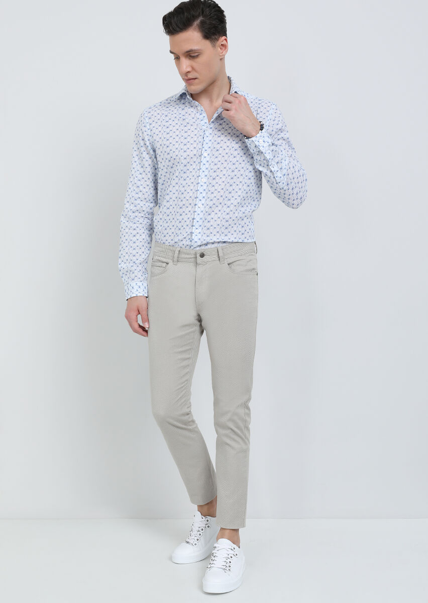 Beige Weaving Slim Fit Casual Cotton Blended Trousers - 4