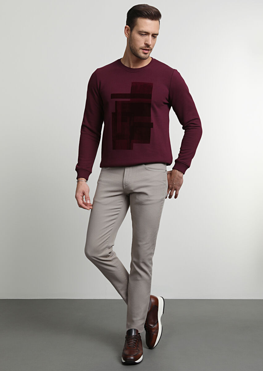 Beige Weaving Slim Fit Casual Cotton Blended Trousers - 1