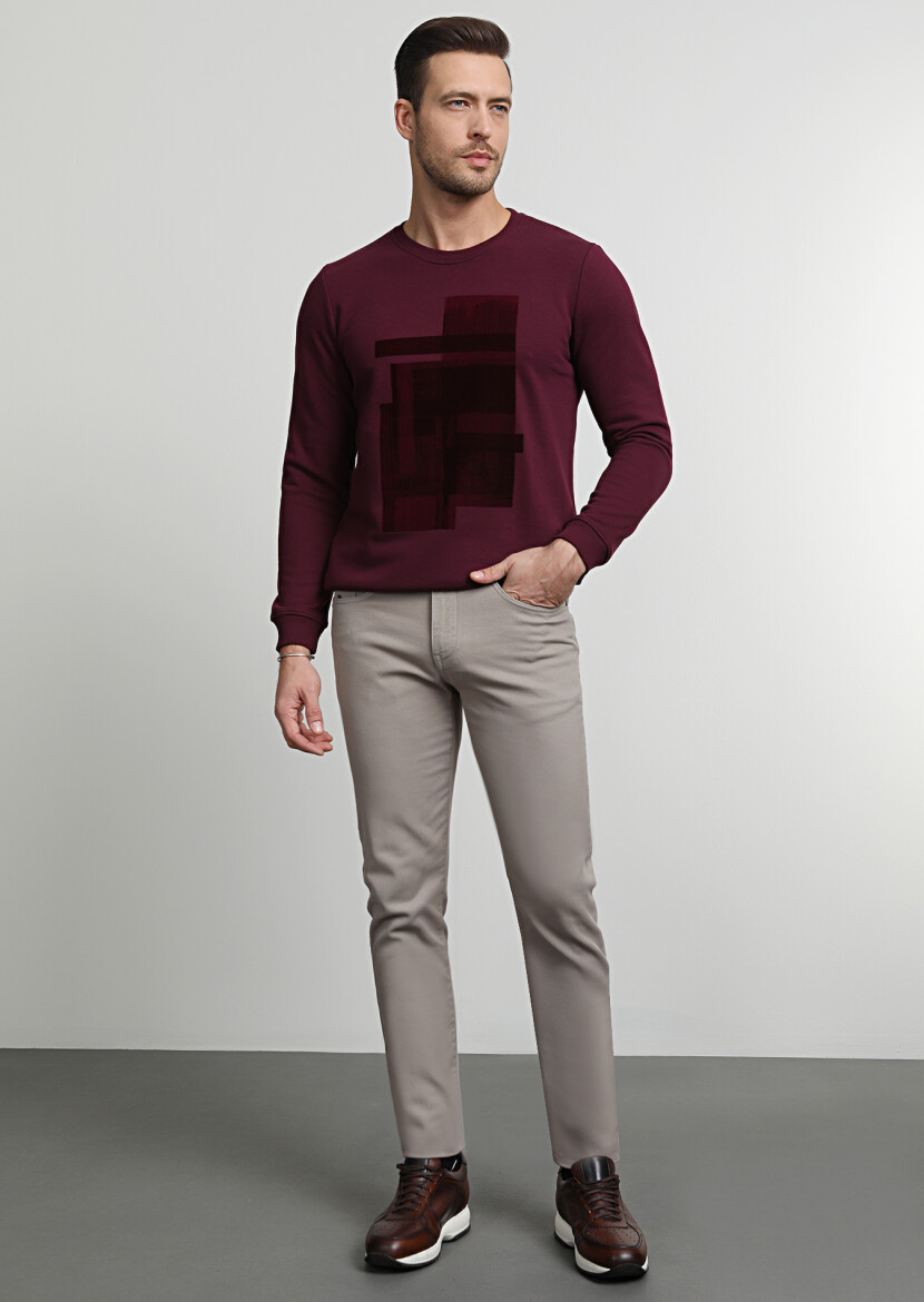 Beige Weaving Slim Fit Casual Cotton Blended Trousers - 3