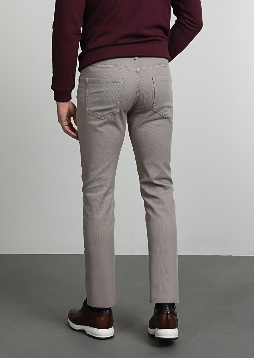 Beige Weaving Slim Fit Casual Cotton Blended Trousers - 4